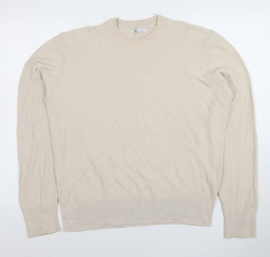 Zara Men's Beige Cotton Crew Neck Jumper Size M