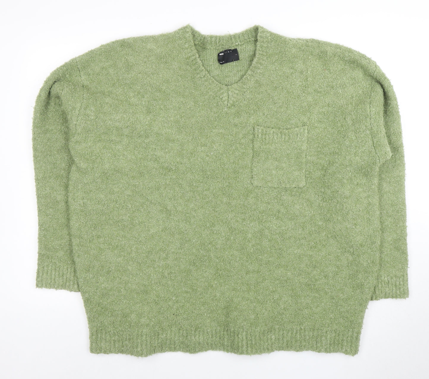ASOS Design Men's Green Wool Blend V-Neck Jumper Size L