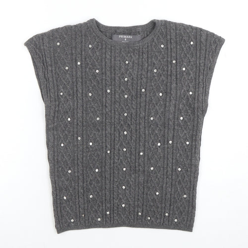 Primark Women's Grey Sleeveless Cable-Knit Beaded Pullover Jumper S