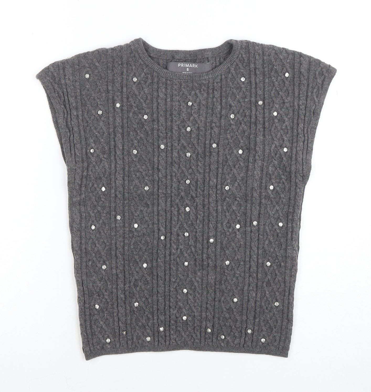 Primark Women's Grey Sleeveless Cable-Knit Beaded Pullover Jumper S