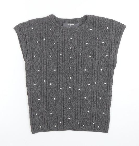 Primark Women's Grey Sleeveless Cable-Knit Beaded Pullover Jumper S