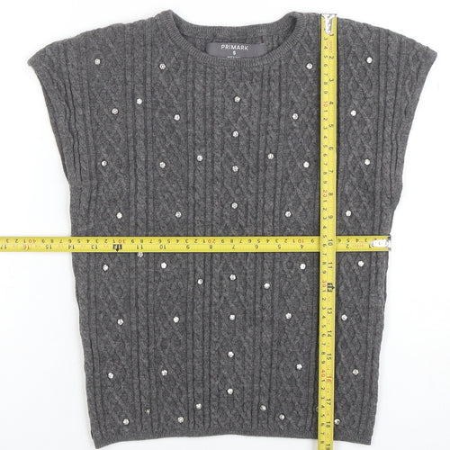 Primark Women's Grey Sleeveless Cable-Knit Beaded Pullover Jumper S