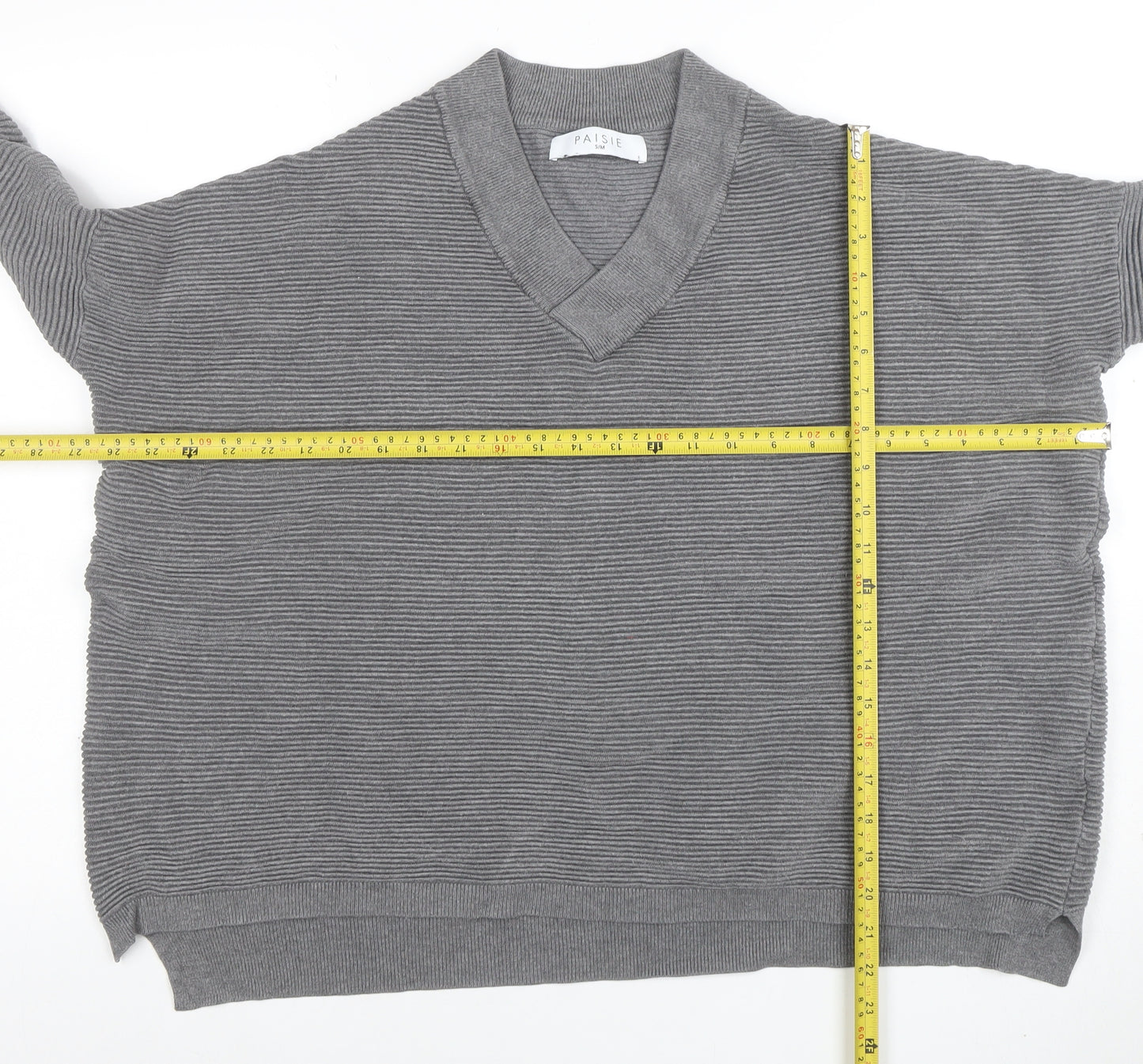 Paisie Women's Grey V-Neck Relaxed Knit Jumper S