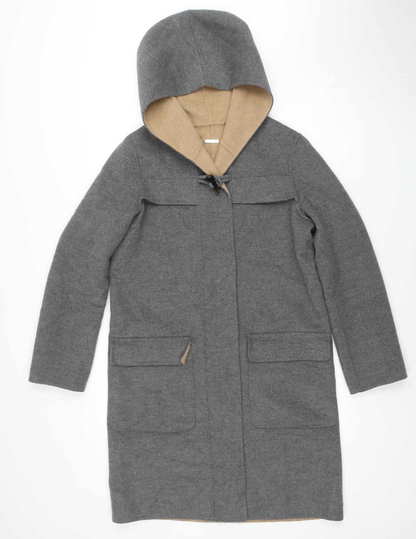Massimo Dutti Women Grey Wool Cashmere Hooded Overcoat Size 10