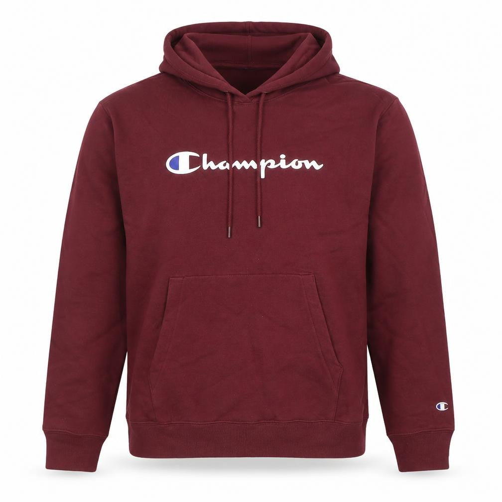 Front view of Champion Men’s Red Pullover Hoodie Medium Logo Cotton Sweatshirt