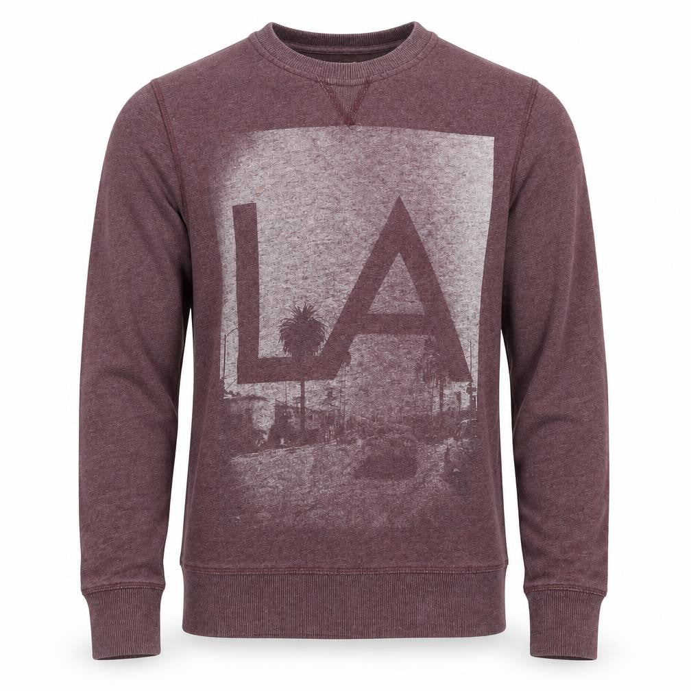 Front view of River Island Men's Purple LA Graphic Sweatshirt, size S