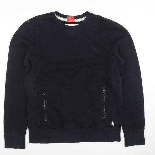 Puma Men Black Small Crew Neck Pullover Sweatshirt Zip Pockets