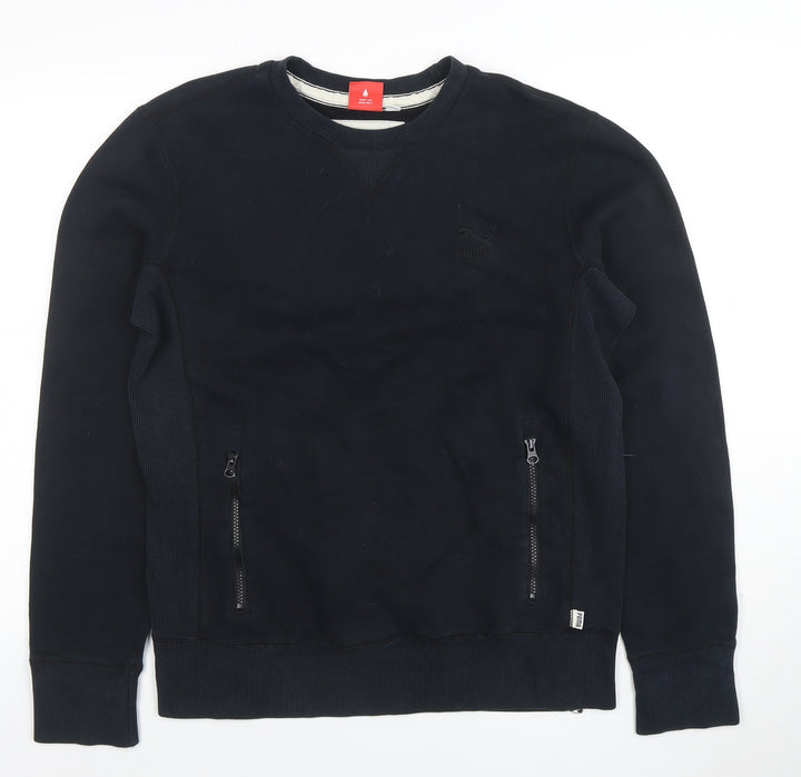 Puma Men Black Small Crew Neck Pullover Sweatshirt Zip Pockets