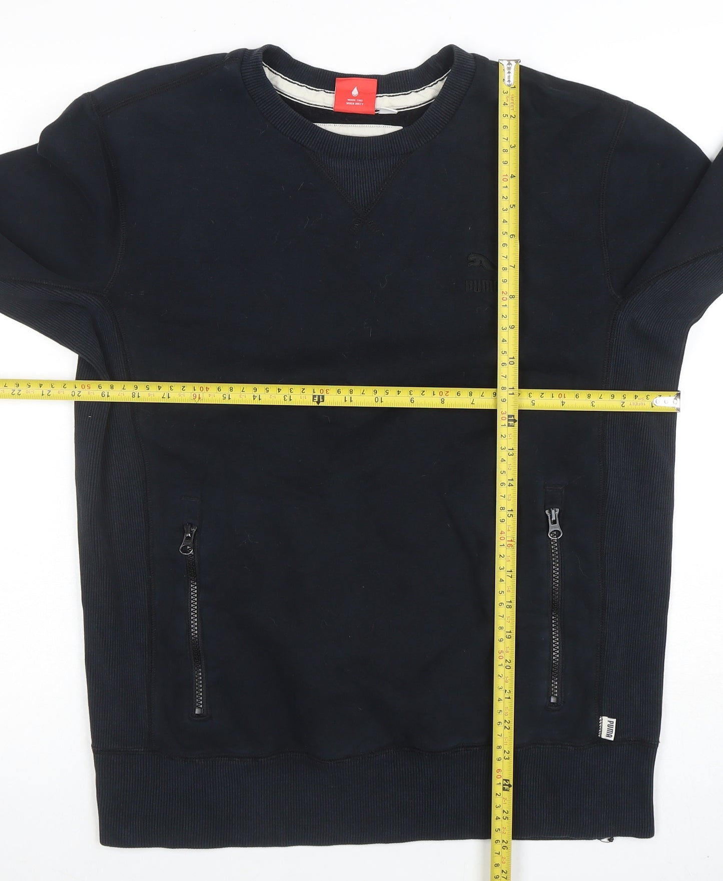 Puma Men Black Small Crew Neck Pullover Sweatshirt Zip Pockets
