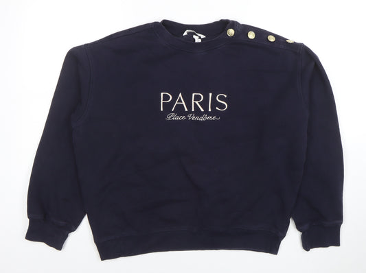 H&M Women's Navy Blue Paris Embroidered Pullover Sweatshirt Size M