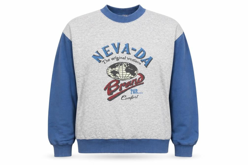 Front view of Neva-Da Women’s Grey & Blue Pullover Sweatshirt L Graphic Print