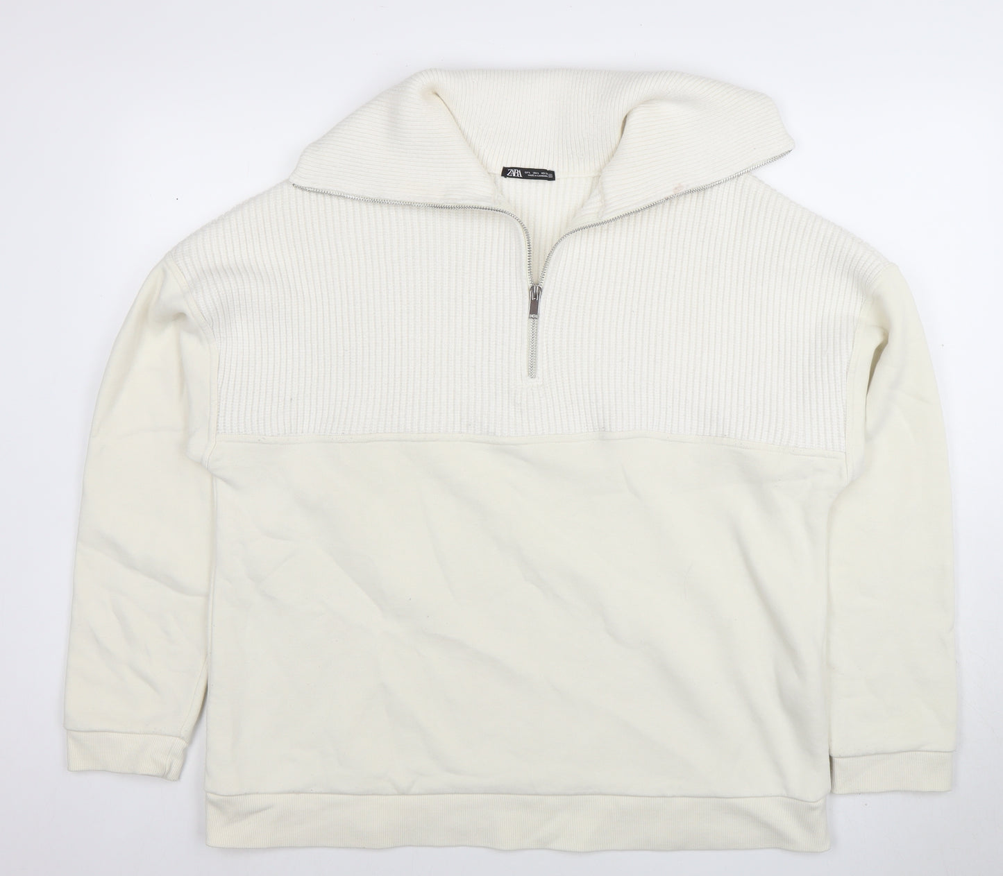 Zara Men Ivory Knit 1/2 Zip High Neck Sweatshirt Size L