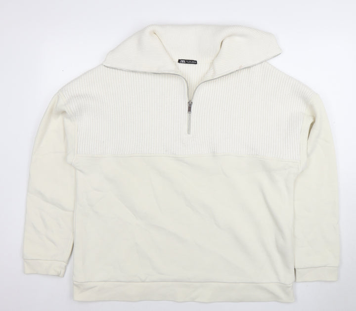 Zara Men Ivory Knit 1/2 Zip High Neck Sweatshirt Size L