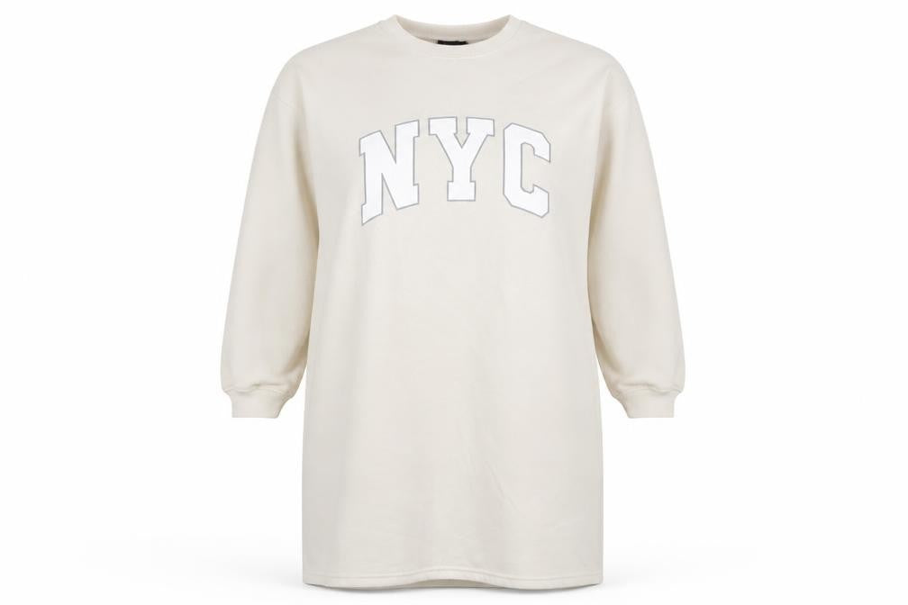 Boohoo Women Beige NYC Long Sleeve T-Shirt Dress Size 16