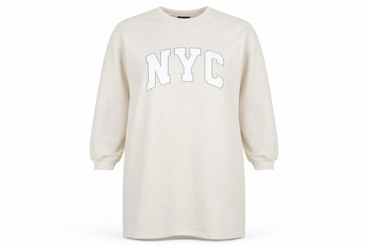 Front view of Boohoo Women Beige NYC Long Sleeve T-Shirt Dress, size 16