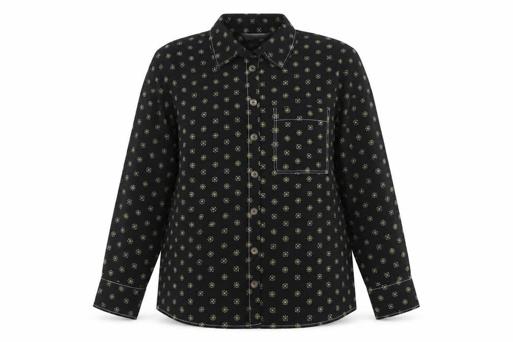Front view of Red Herring women’s black geometric long sleeve button-up shirt, size UK 14