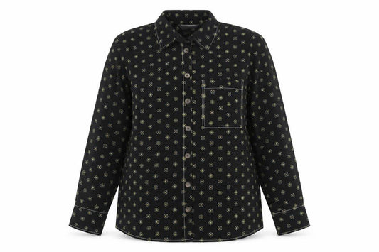 Front view of Red Herring women’s black geometric long sleeve button-up shirt, size UK 14