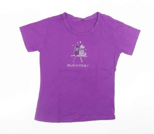 nakedshirt Women's Purple Rhinestone Cat Budapest Cotton T-Shirt XL