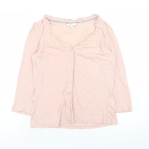 Boden Women Pink Cotton Button-Up Top Size 8 Ruffle V-Neck