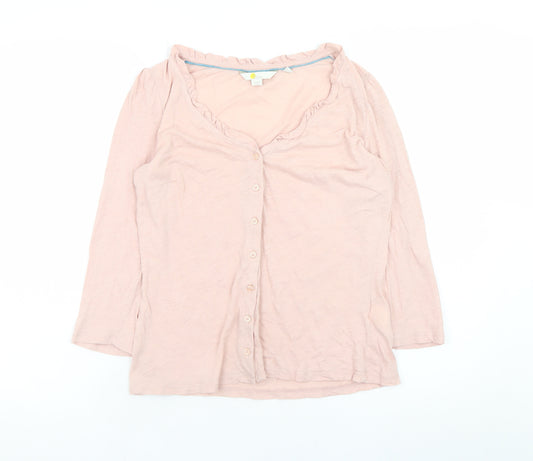 Boden Women Pink Cotton Button-Up Top Size 8 Ruffle V-Neck