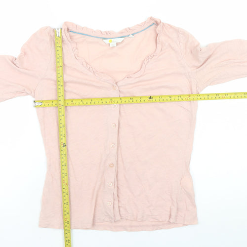 Boden Women Pink Cotton Button-Up Top Size 8 Ruffle V-Neck