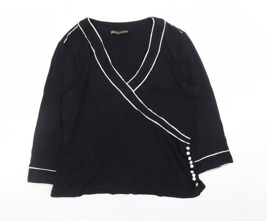 Jaeger Women Black Long Sleeve Wrap Blouse Size L Modal Silk