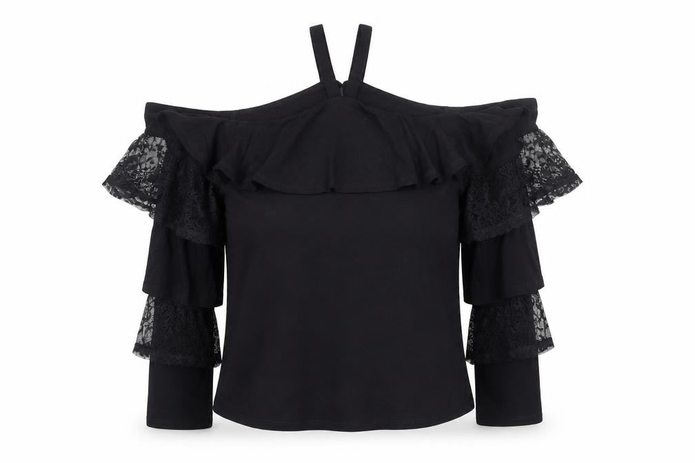 Very Women’s Black Off Shoulder Lace Ruffle Blouse UK Size 10