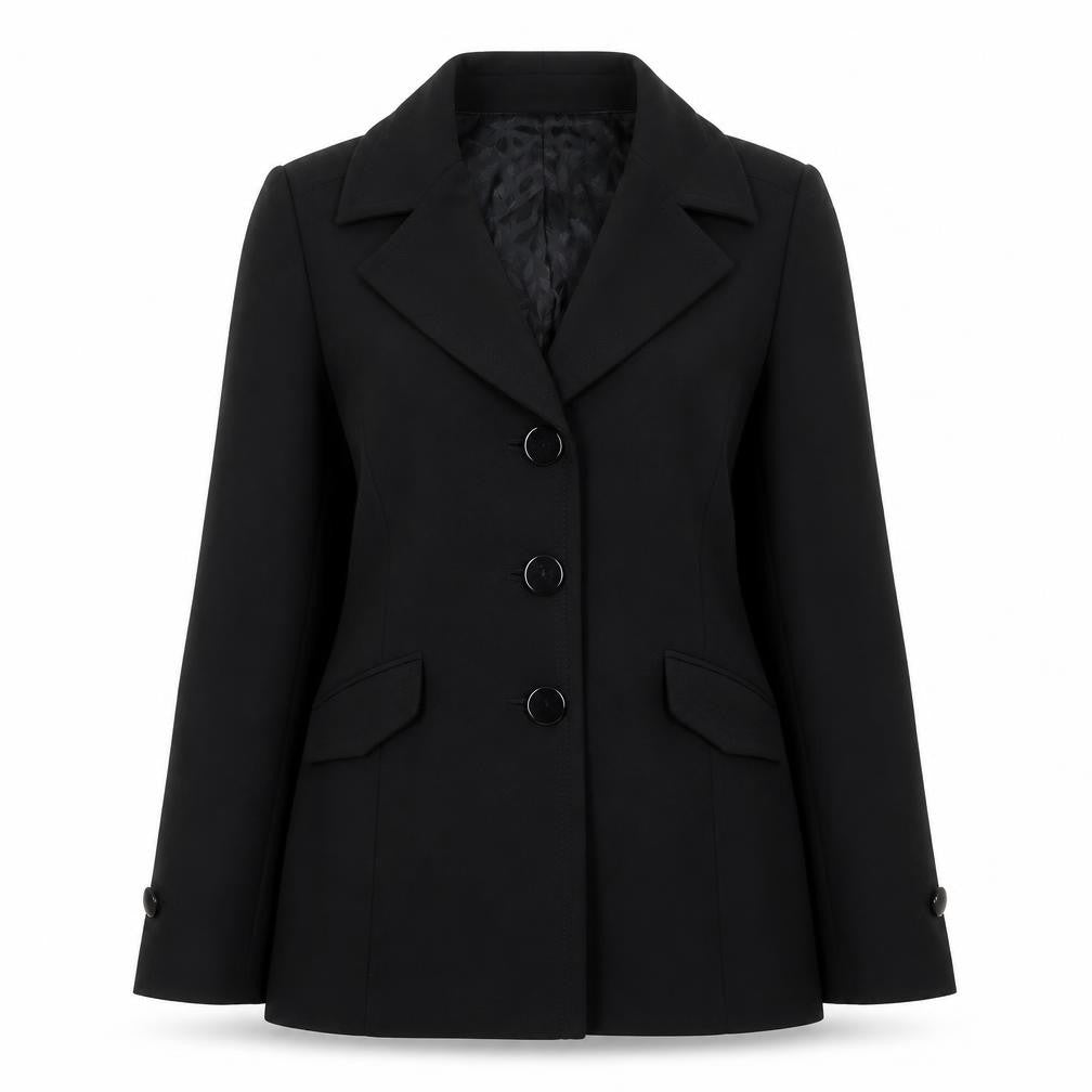 Front view of Viyella women’s black, size UK 10, classic mid-length blazer jacket