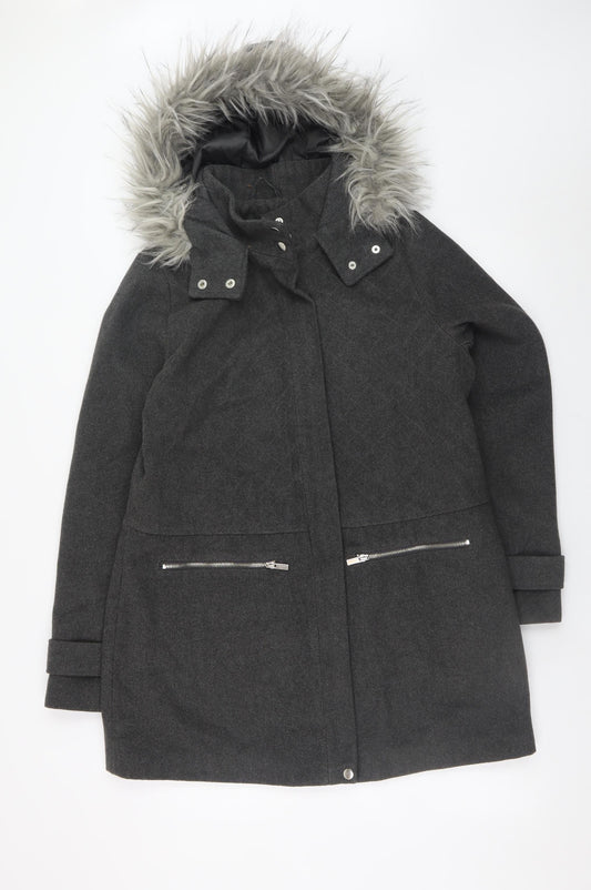 New Look Women's Grey Faux Fur Hooded Parka Coat Size 14