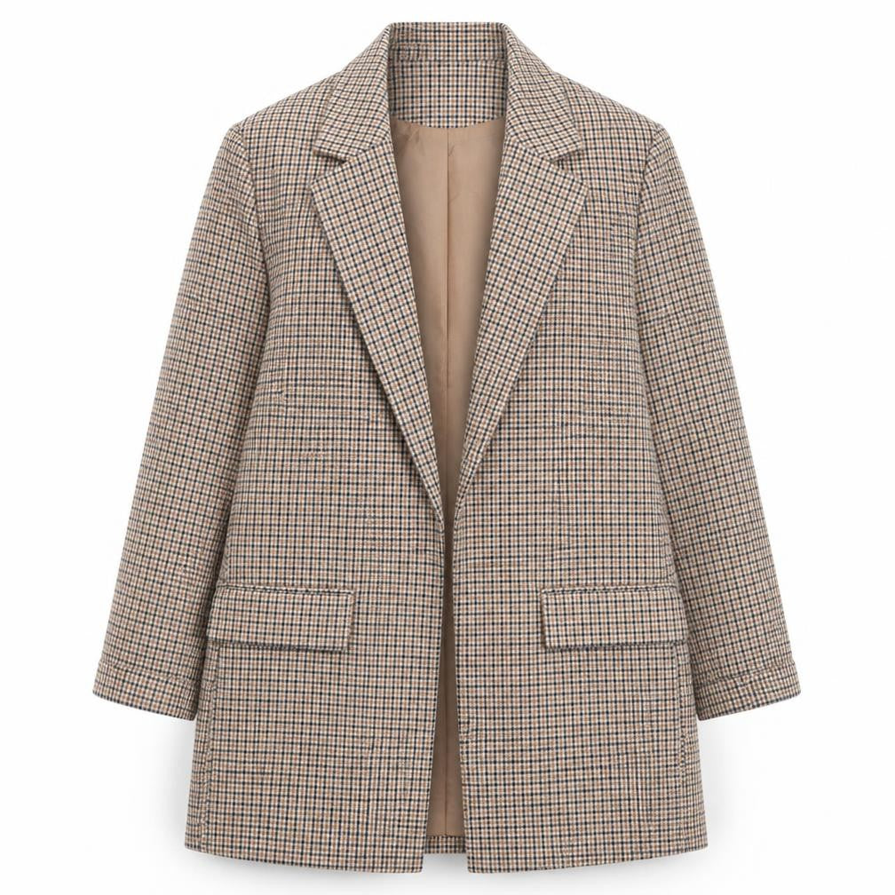 Front view of M&Co Women Beige Check Blazer UK 8 Classic Longline Jacket