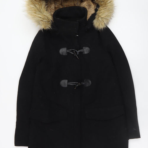 Zara Women’s Black Wool Blend Hooded Duffle Coat with Faux Fur Trim Size 8