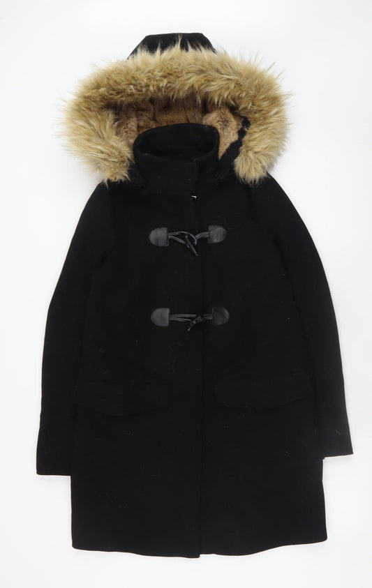Zara Women’s Black Wool Blend Hooded Duffle Coat with Faux Fur Trim Size 8