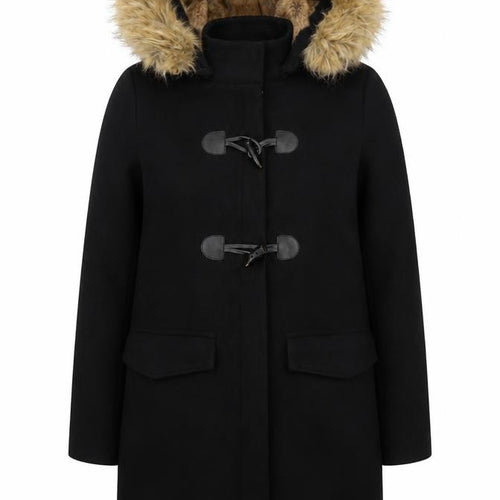 Zara Women’s Black Wool Blend Hooded Duffle Coat with Faux Fur Trim Size 8