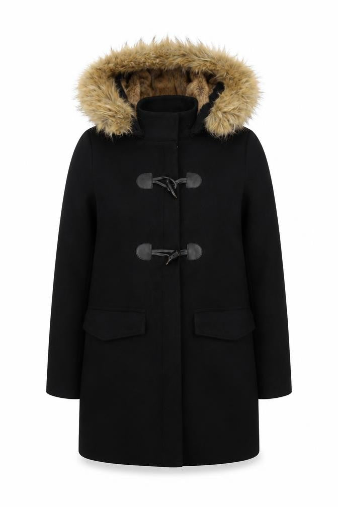 Zara Women’s Black Wool Blend Hooded Duffle Coat with Faux Fur Trim Size 8