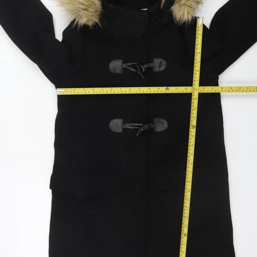 Zara Women’s Black Wool Blend Hooded Duffle Coat with Faux Fur Trim Size 8