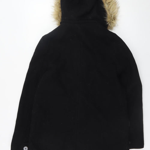 Zara Women’s Black Wool Blend Hooded Duffle Coat with Faux Fur Trim Size 8