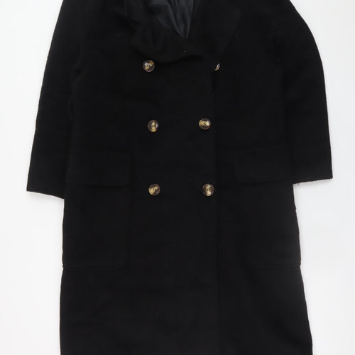 Boohoo Women's Black Long Pea Coat UK 10 Double Breasted Polyester