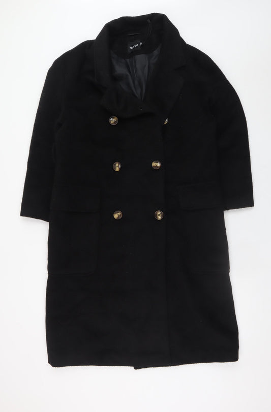 Boohoo Women's Black Long Pea Coat UK 10 Double Breasted Polyester