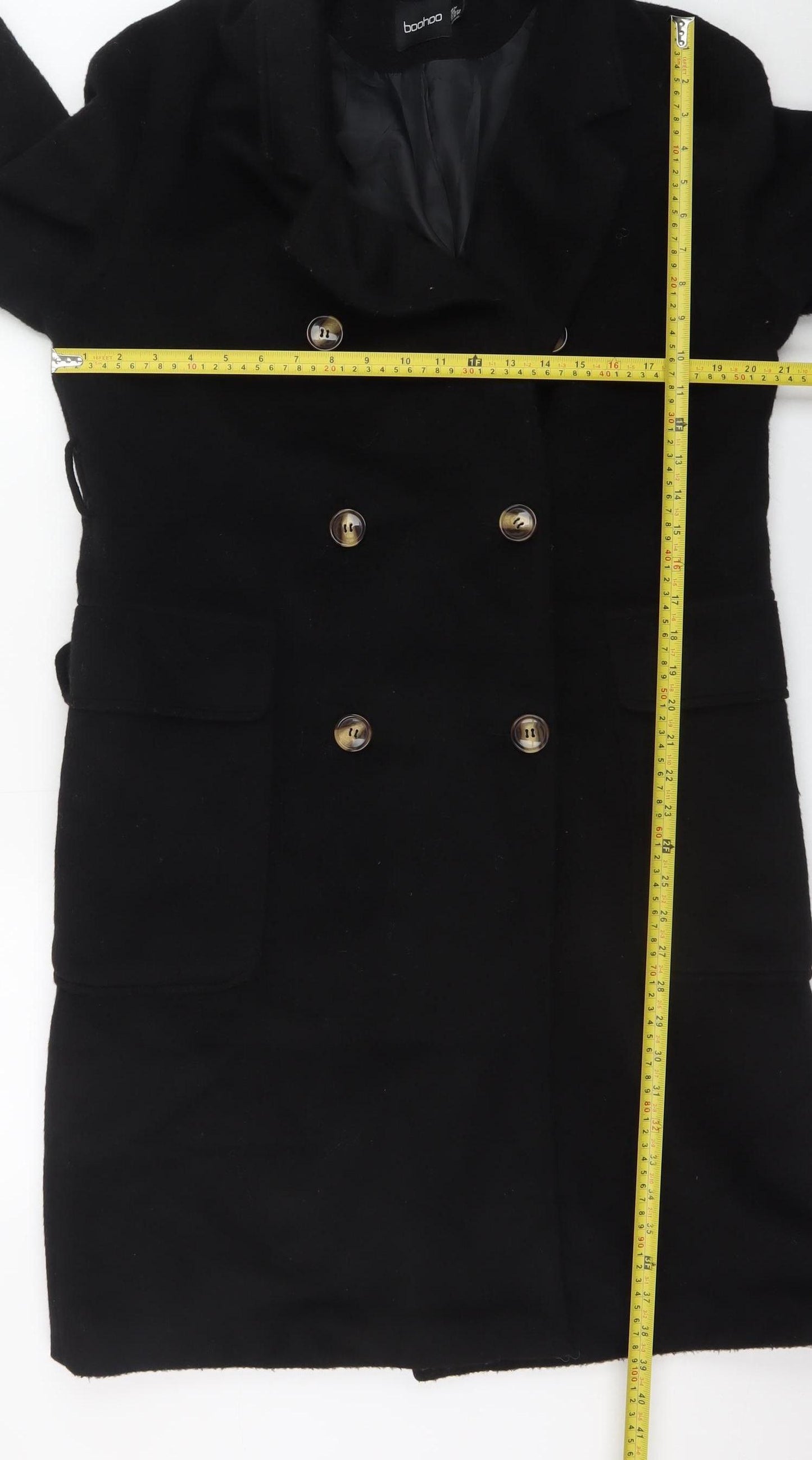 Boohoo Women's Black Long Pea Coat UK 10 Double Breasted Polyester
