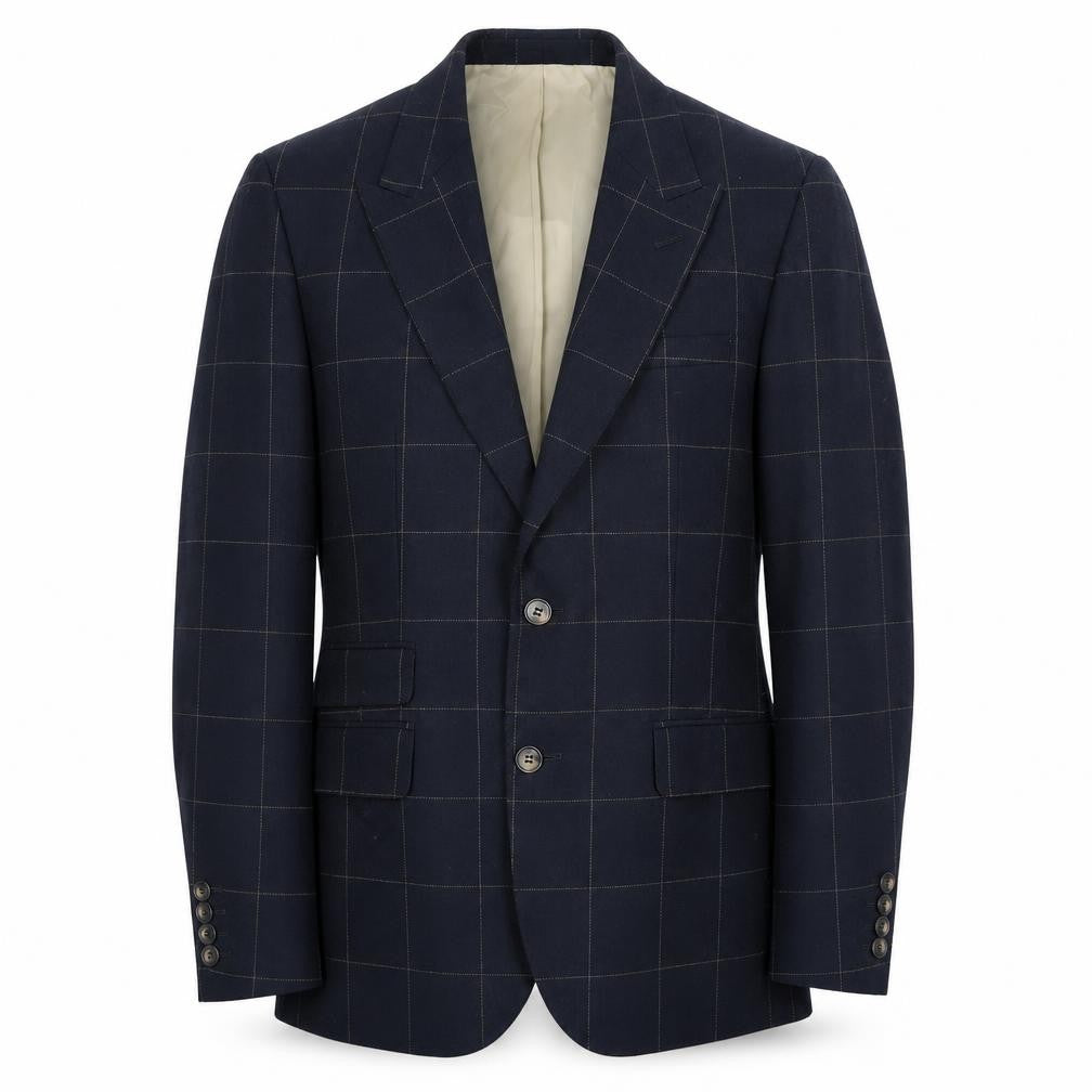 Front view of Moss London Men's Blue Check Slim Fit Wool Blazer 38in