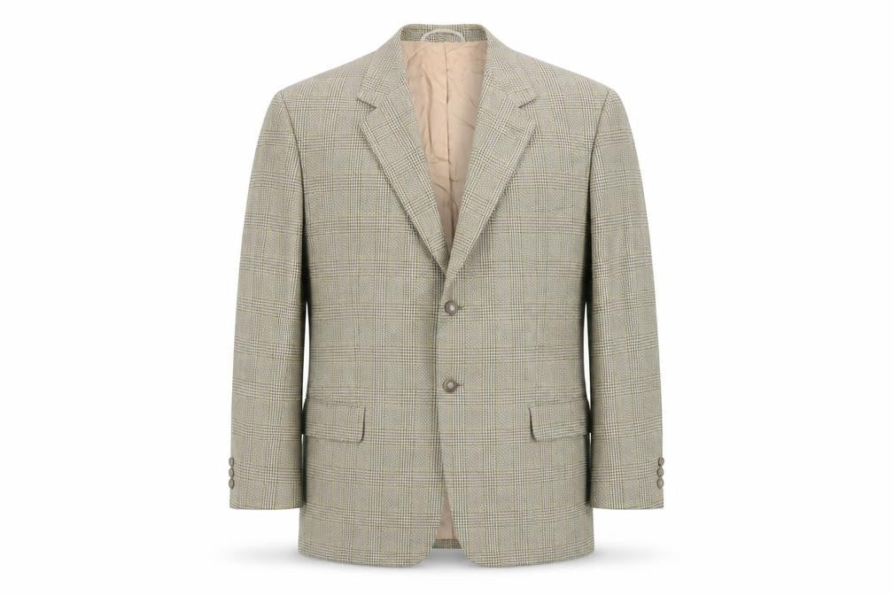 Front view of Frank Bird men’s brown check tweed classic wool silk blazer 40in