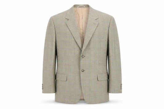 Front view of Frank Bird men’s brown check tweed classic wool silk blazer 40in