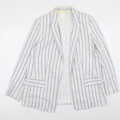 H&M Women Beige Striped Linen Blend Blazer Jacket Size 14