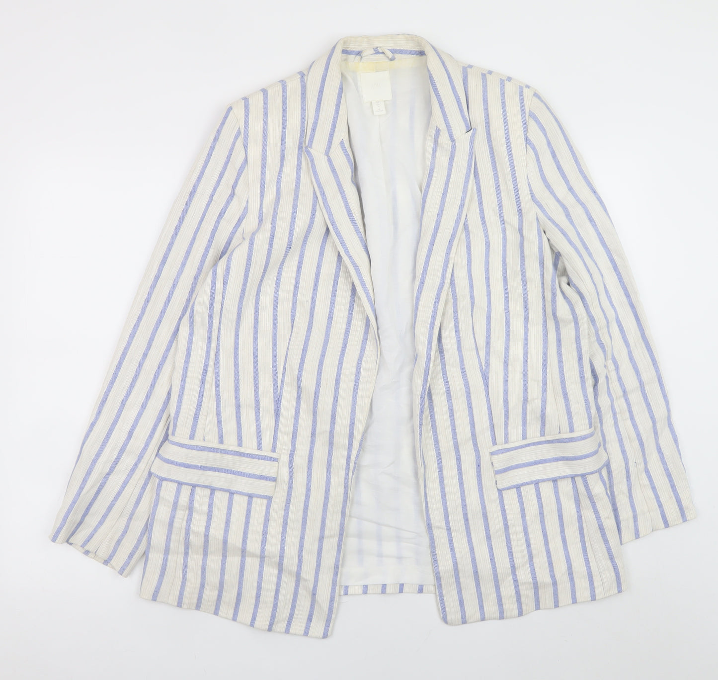 H&M Women Beige Striped Linen Blend Blazer Jacket Size 14