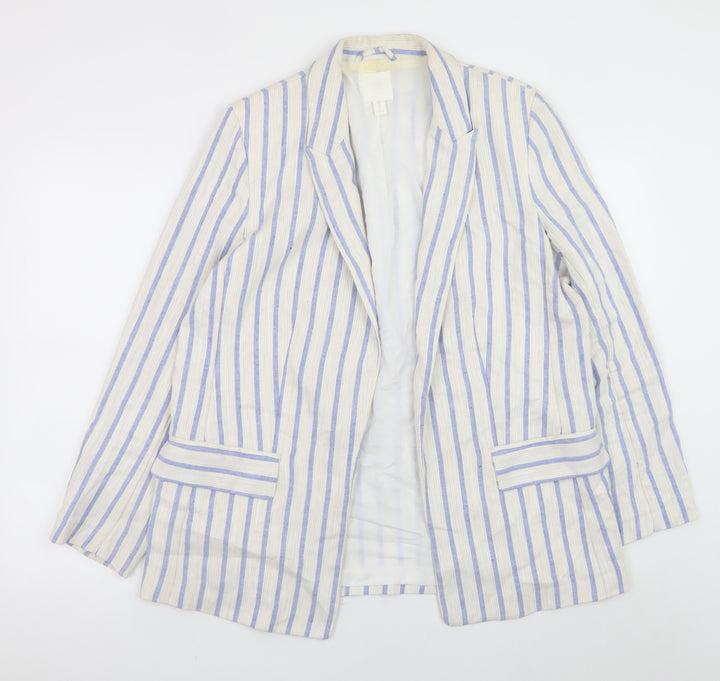 H&M Women Beige Striped Linen Blend Blazer Jacket Size 14