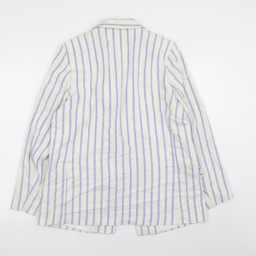 H&M Women Beige Striped Linen Blend Blazer Jacket Size 14
