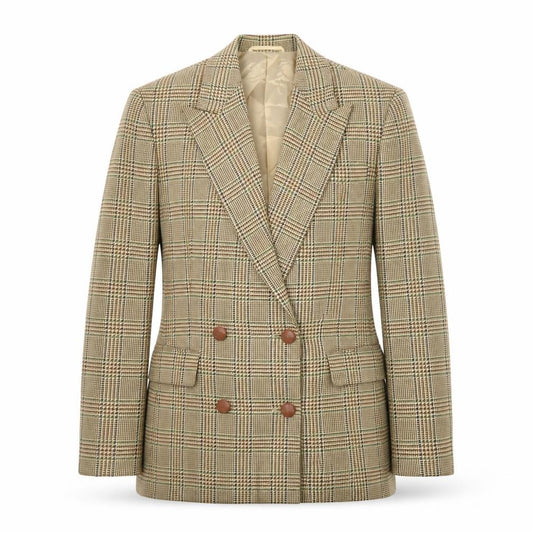 Front view of Betty Barclay Women's Beige Check Wool Blazer Jacket, size 42, Classic Fit