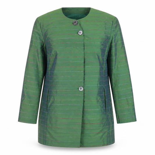 Front view of Kathryn James women’s green silk striped blazer, size UK 12, classic style