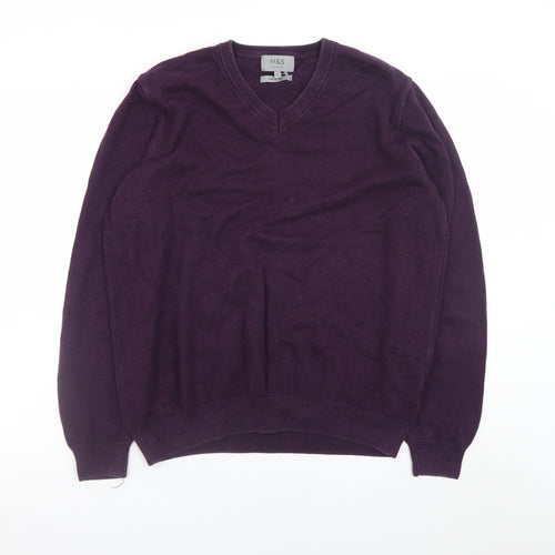 Marks and Spencer Men's Purple Cotton V-Neck Jumper Size L