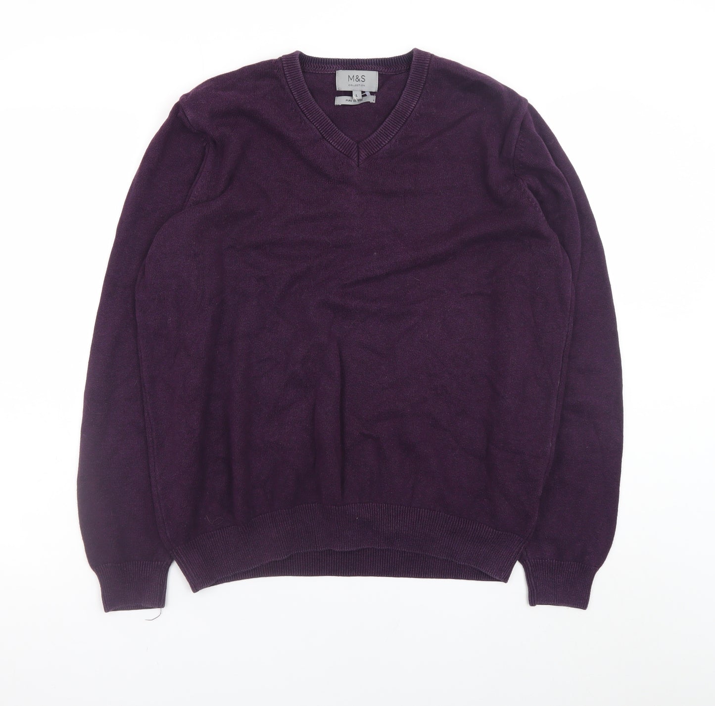Marks and Spencer Men's Purple Cotton V-Neck Jumper Size L